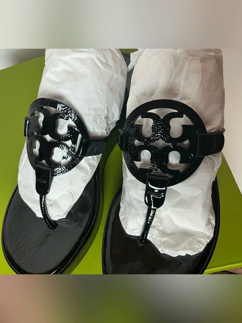 Tory Burch Black Patent Leather Wedge Sandals